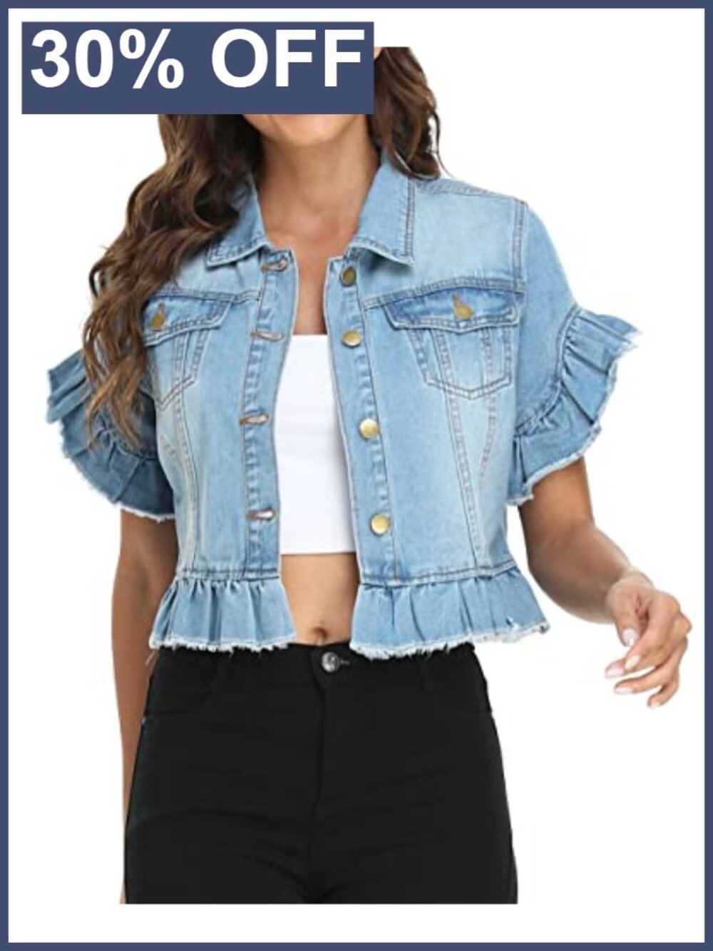 Cropped Denim Jacket Short Sleeve Ruffle Button Up Frayed Hem